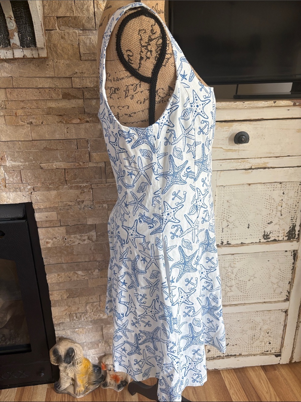 Avec Les Filles linen blend fit and flare mini dress coastal starfish blue white - Picture 8 of 16